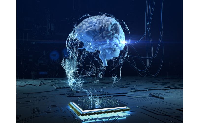 Futuristic glass human brain on top of computer chip